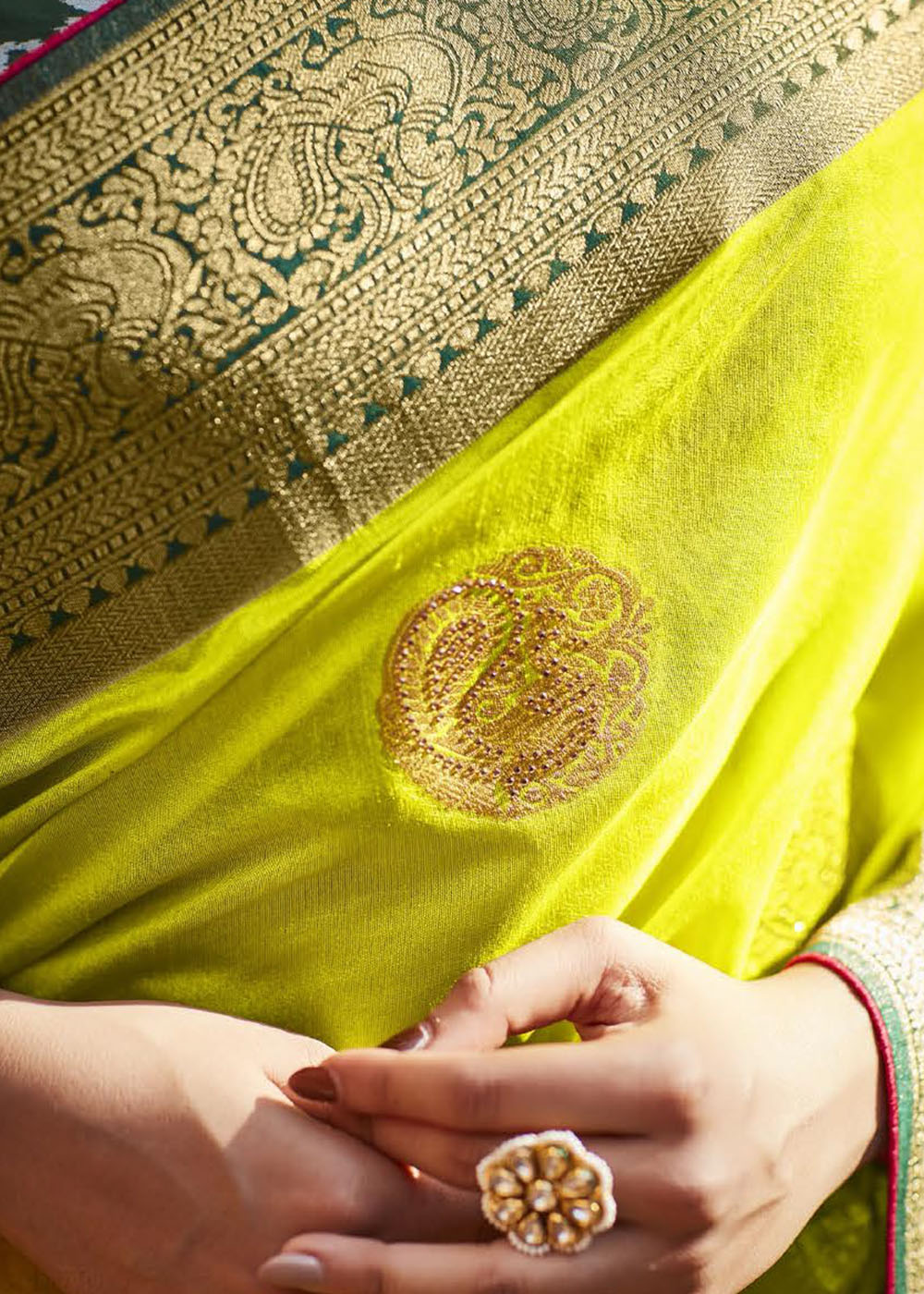 Chartreuse Yellow Woven Banarasi Patola Silk Saree with Embroidered Blouse