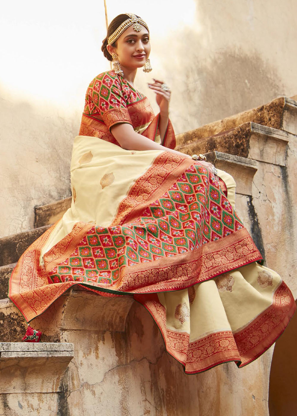 Parchment White Woven Banarasi Patola Silk Saree with Embroidered Blouse