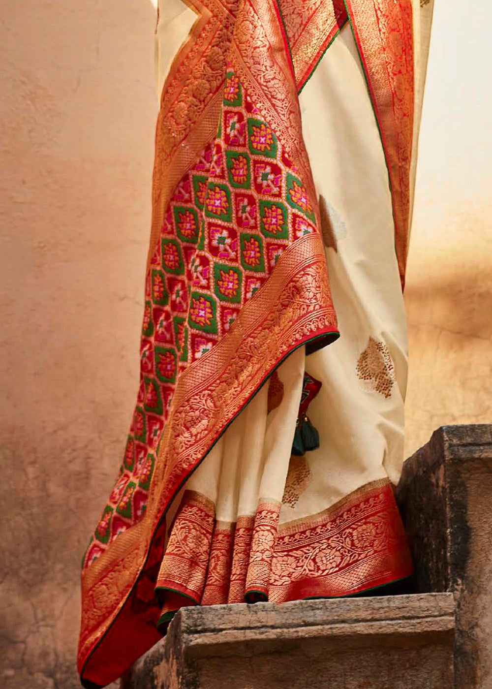 Parchment White Woven Banarasi Patola Silk Saree with Embroidered Blouse