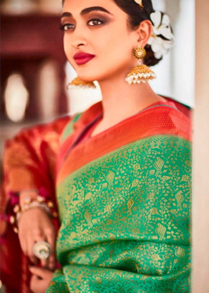 Jade Green Zari Woven Kanjivaram Silk Saree with Embroidered Blouse: Wedding Edition