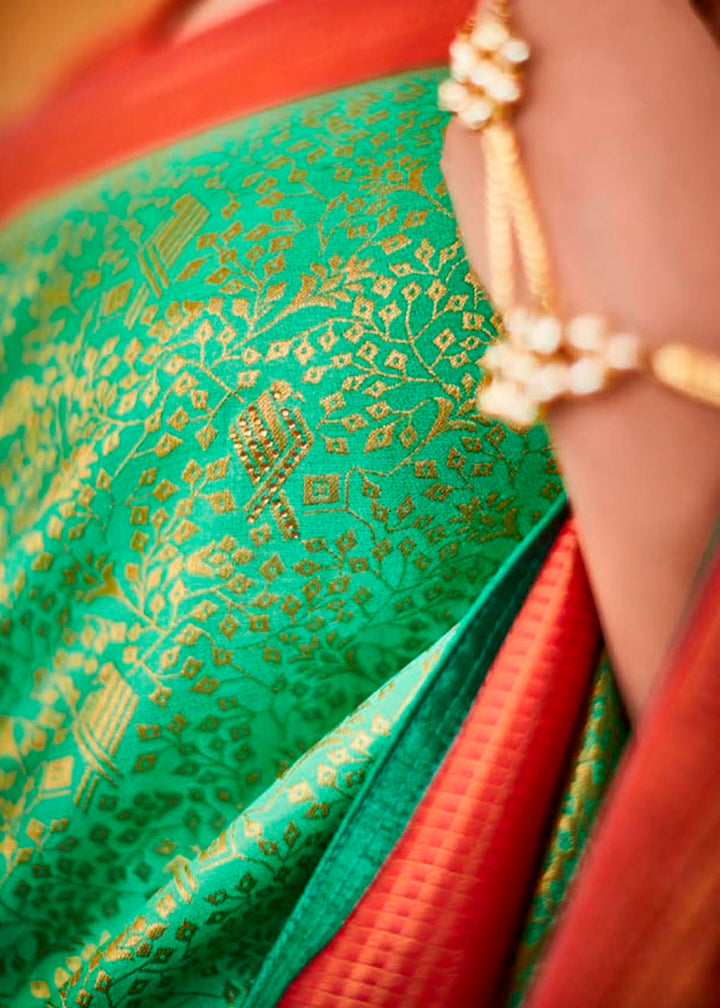 Jade Green Zari Woven Kanjivaram Silk Saree with Embroidered Blouse: Wedding Edition