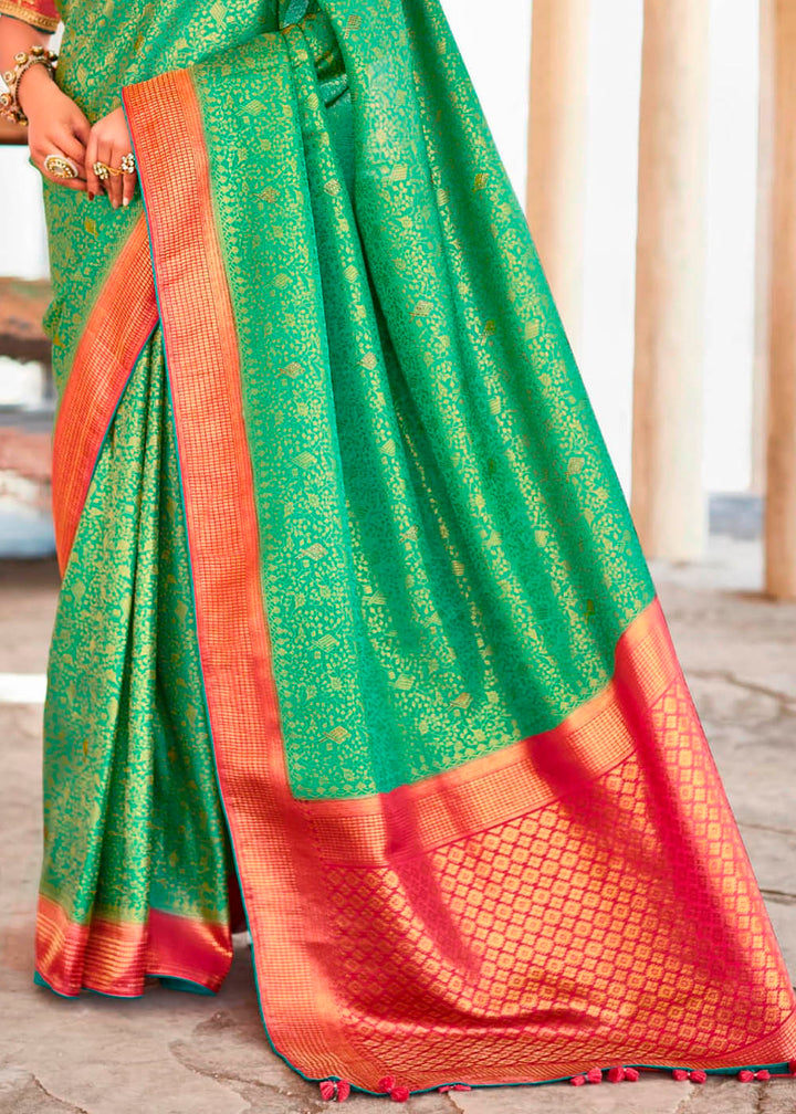 Jade Green Zari Woven Kanjivaram Silk Saree with Embroidered Blouse: Wedding Edition