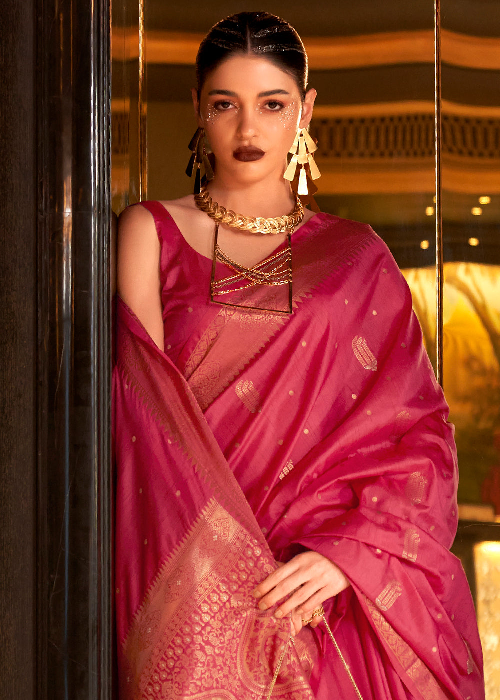 Cerise Pink Zari Woven Banarasi Silk Saree