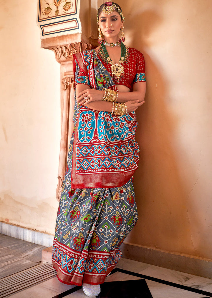 Blue & Grey Printed Patola Silk Saree