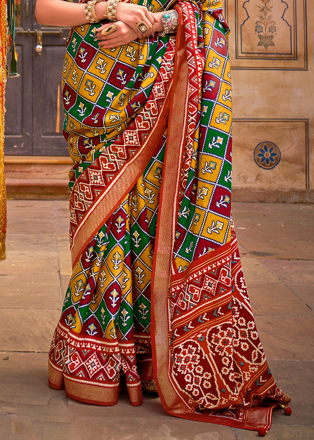 Shades Of Red Patola Printed Designer Silk Saree