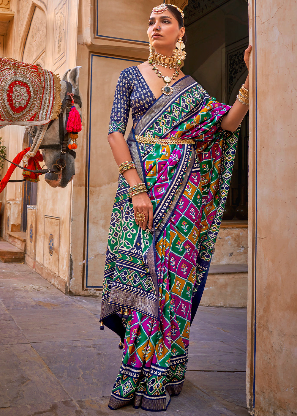 Green & Blue Patola Printed Designer Silk Saree