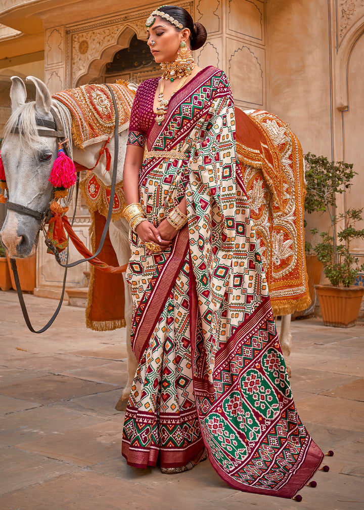 Rice White Patola Printed Designer Silk Saree