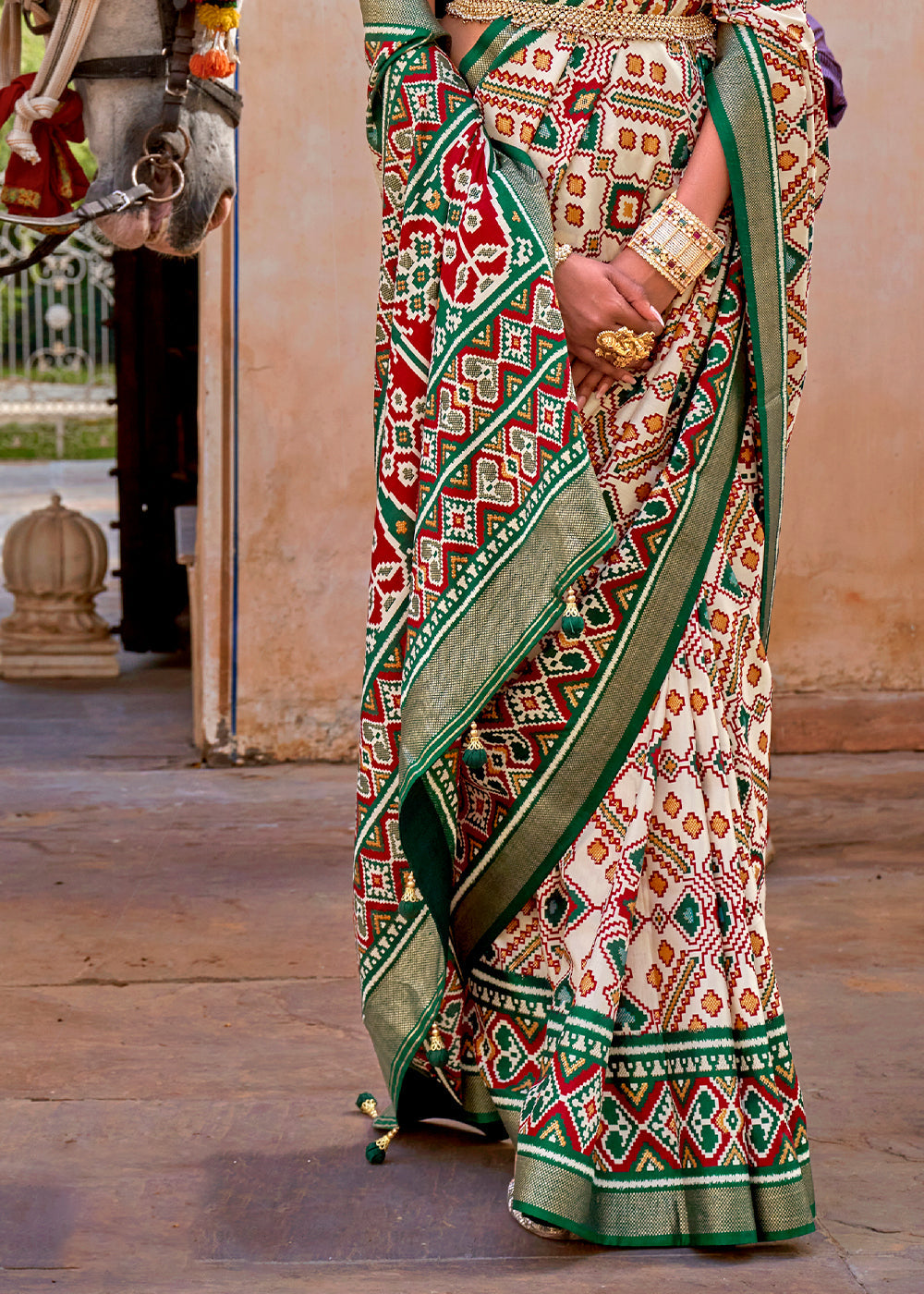 Green & White Patola Printed Designer Silk Saree