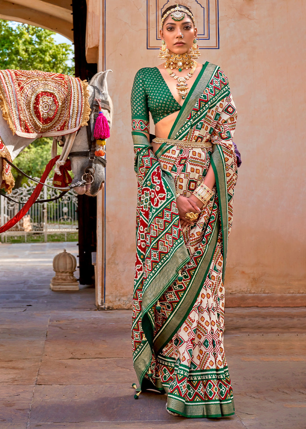 Green & White Patola Printed Designer Silk Saree