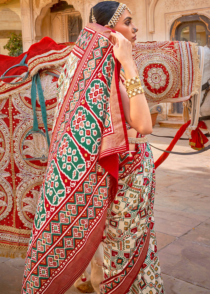 Red & White Patola Printed Designer Silk Saree