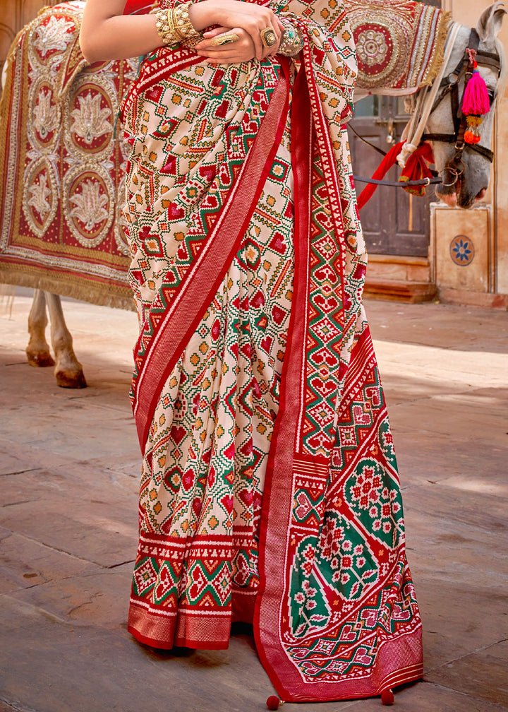 Red & White Patola Printed Designer Silk Saree