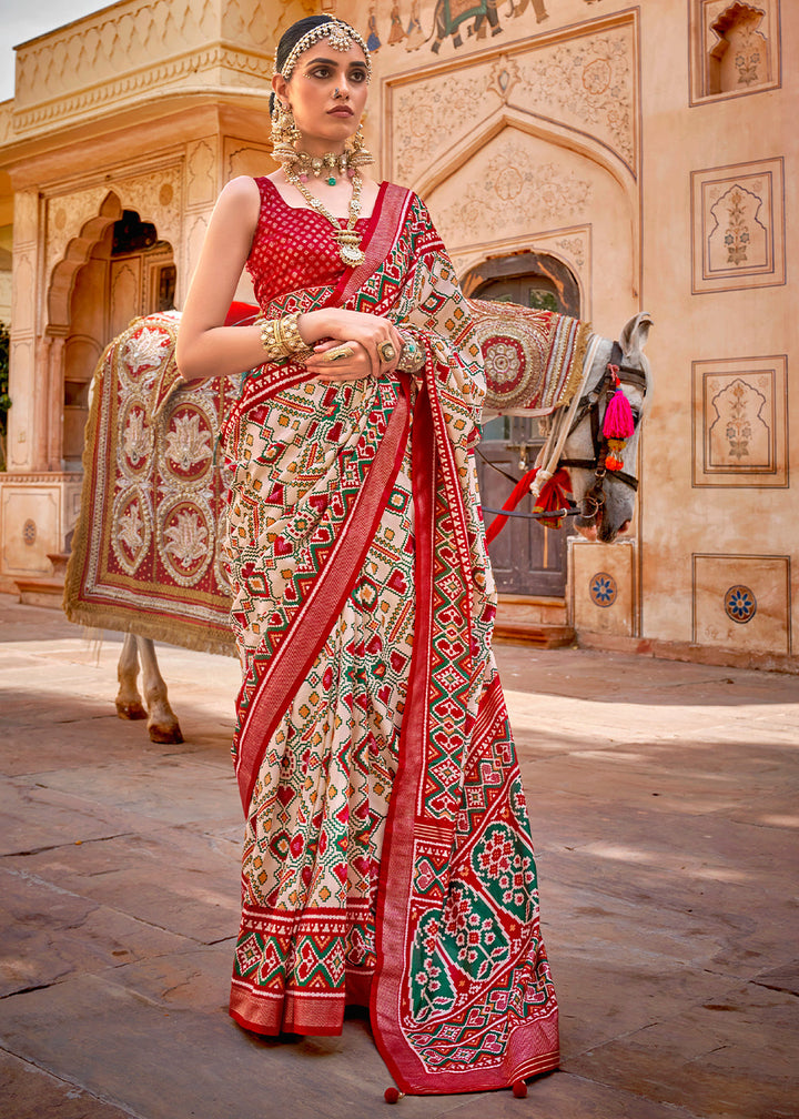 Red & White Patola Printed Designer Silk Saree