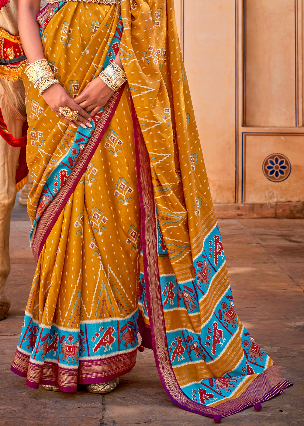 Mustard Yellow Patola Printed Designer Silk Saree