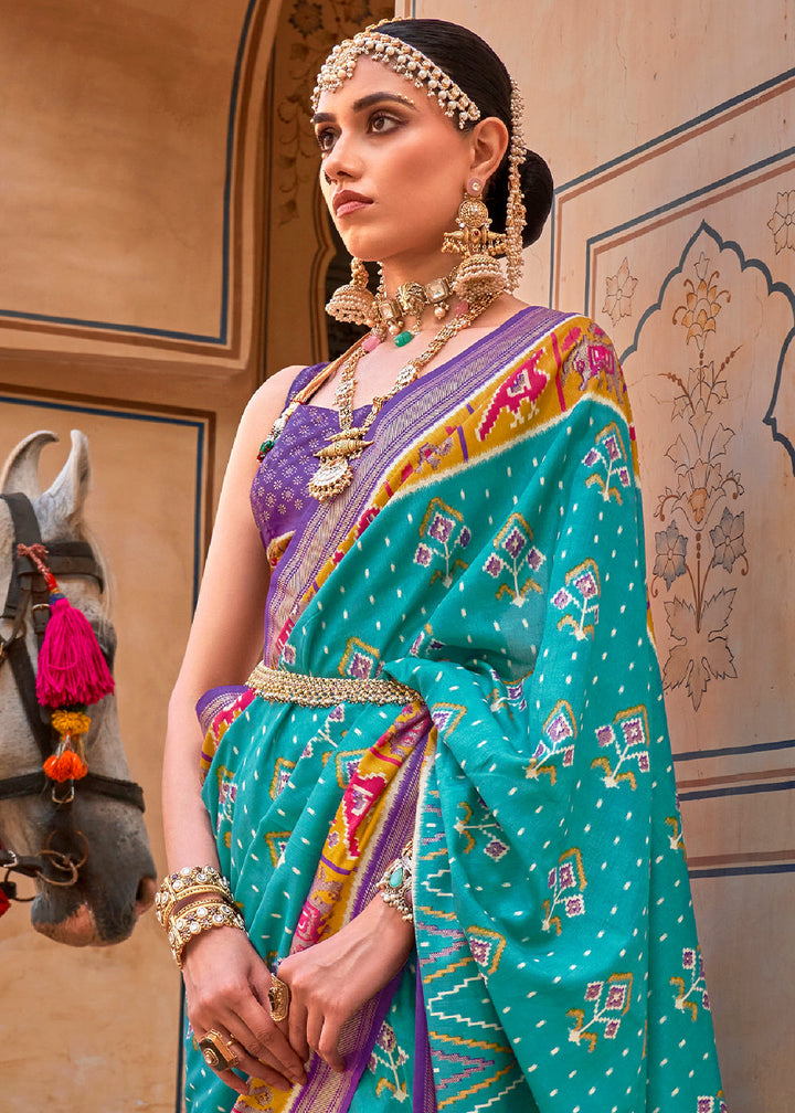 Cerulean Blue Patola Printed Designer Silk Saree