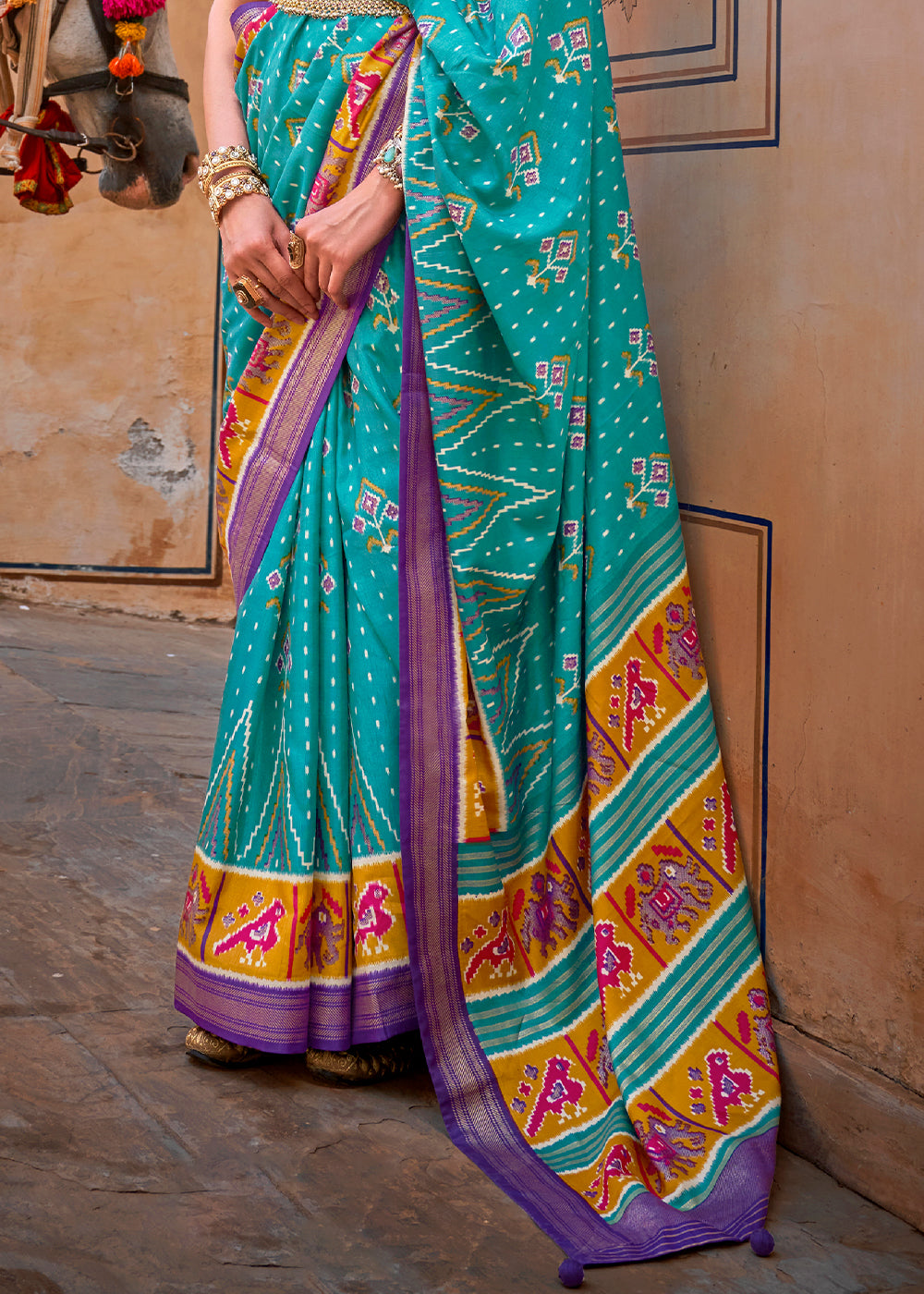 Cerulean Blue Patola Printed Designer Silk Saree