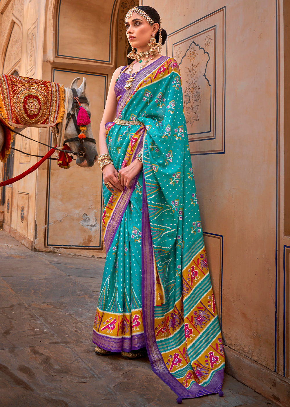 Cerulean Blue Patola Printed Designer Silk Saree