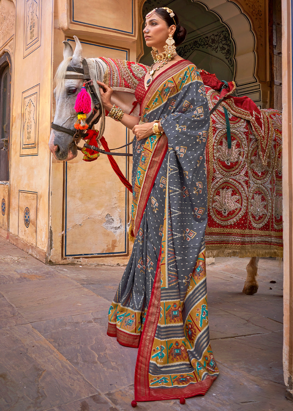 Steel Grey Patola Printed Designer Silk Saree