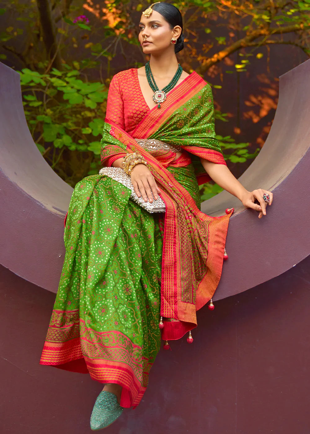 Mantis Green Designer Printed Brasso Silk Saree