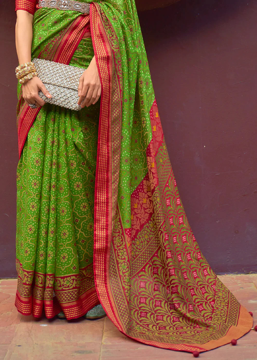 Mantis Green Designer Printed Brasso Silk Saree