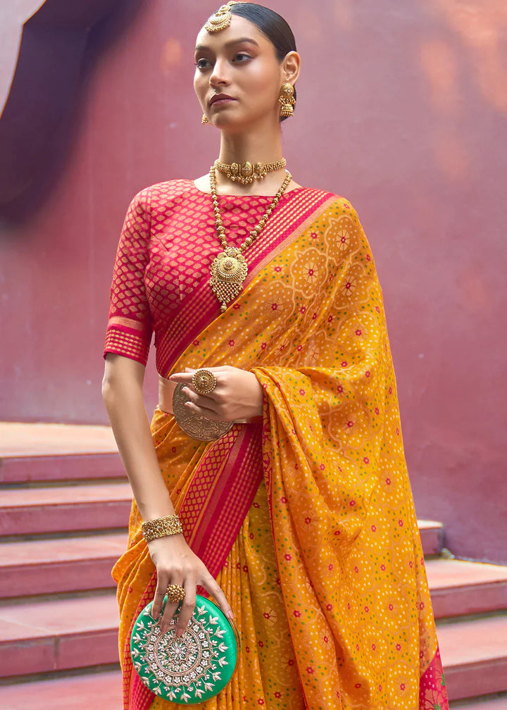 Saffron Yellow Designer Printed Brasso Silk Saree