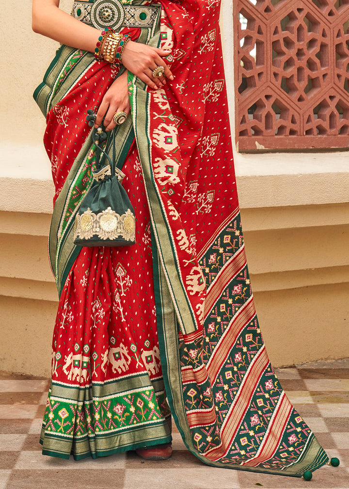 Scarlet Red & Green Printed Patola Silk Saree