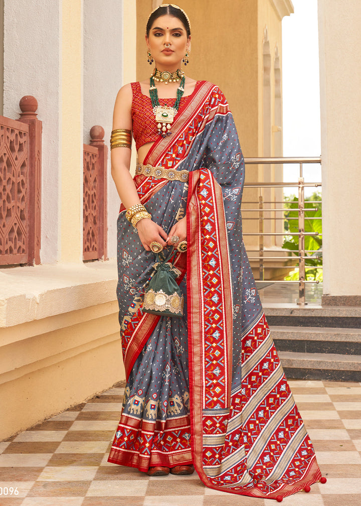 Flint Grey & Red Printed Patola Silk Saree