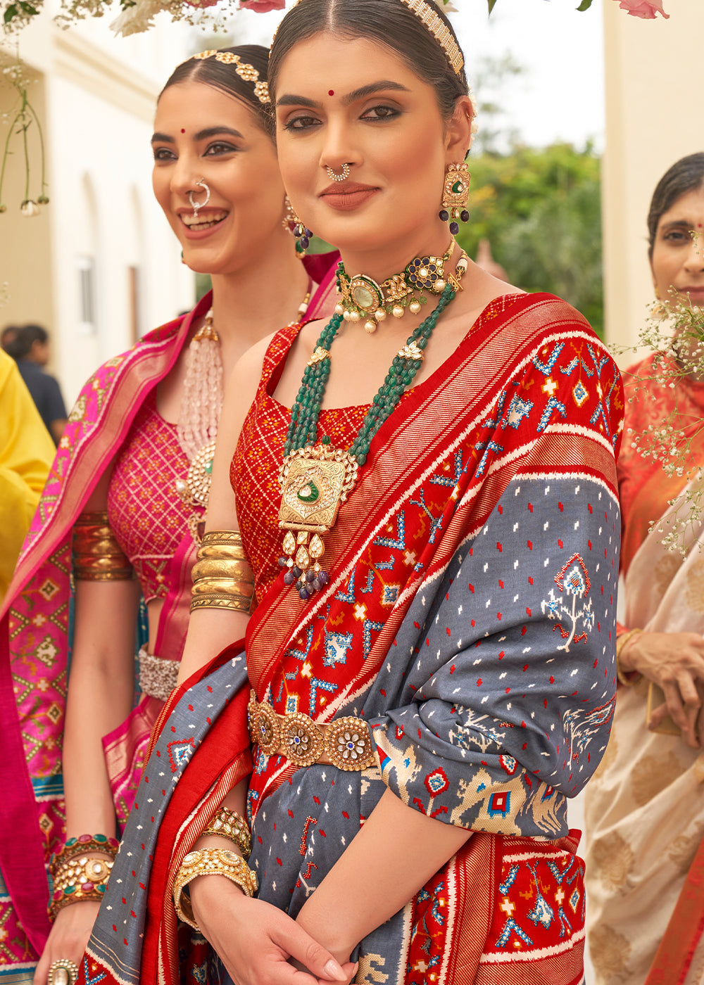 Flint Grey & Red Printed Patola Silk Saree