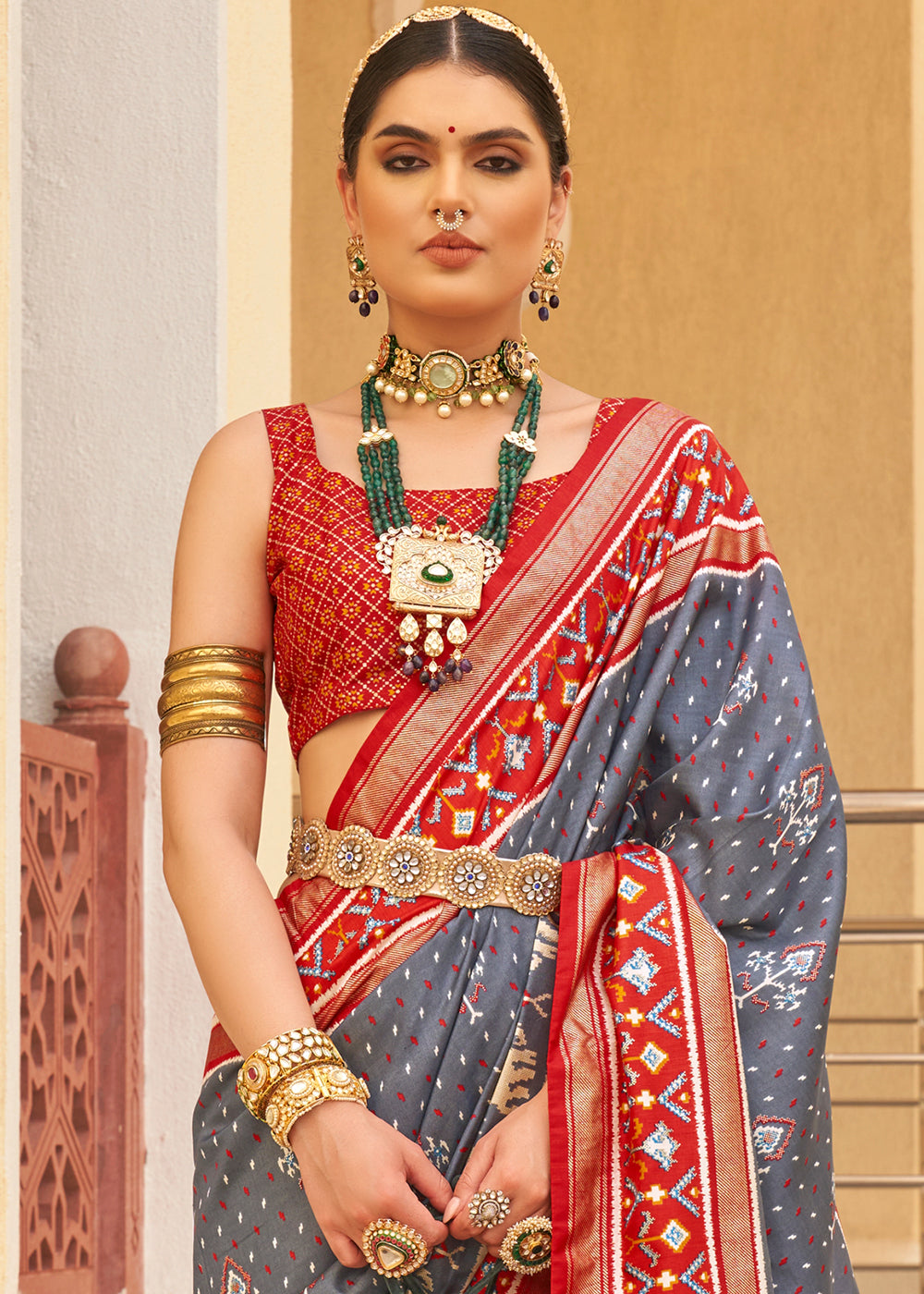 Flint Grey & Red Printed Patola Silk Saree