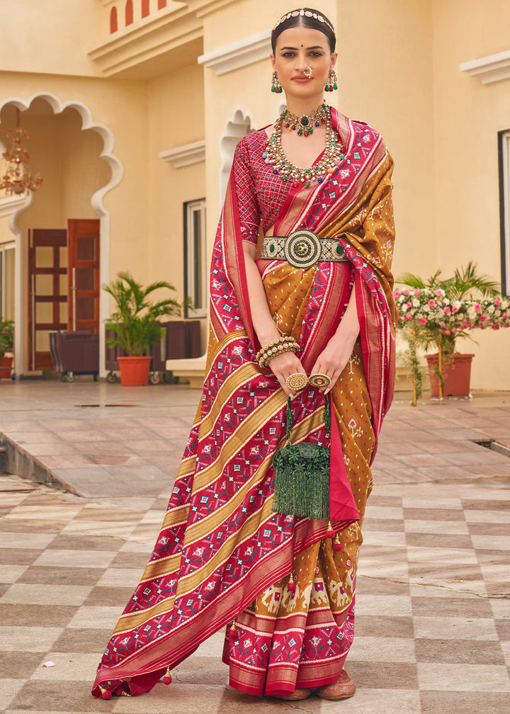 Mustard Yellow Printed Patola Silk Saree