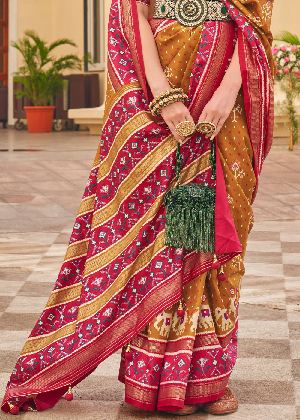 Mustard Yellow Printed Patola Silk Saree