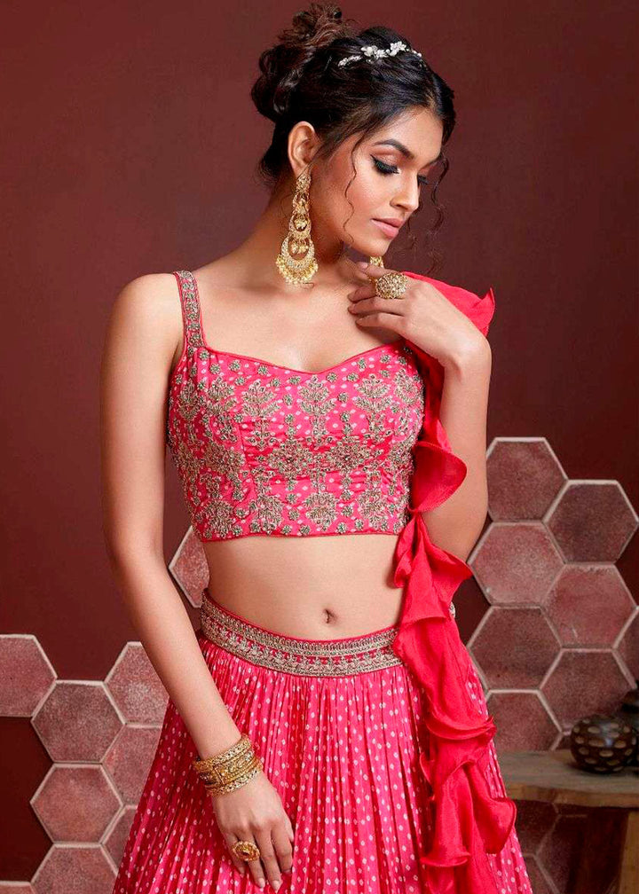 Azalea Pink Bandhani Printed Chinon Silk Lehenga Choli with Heavy Embroidery work