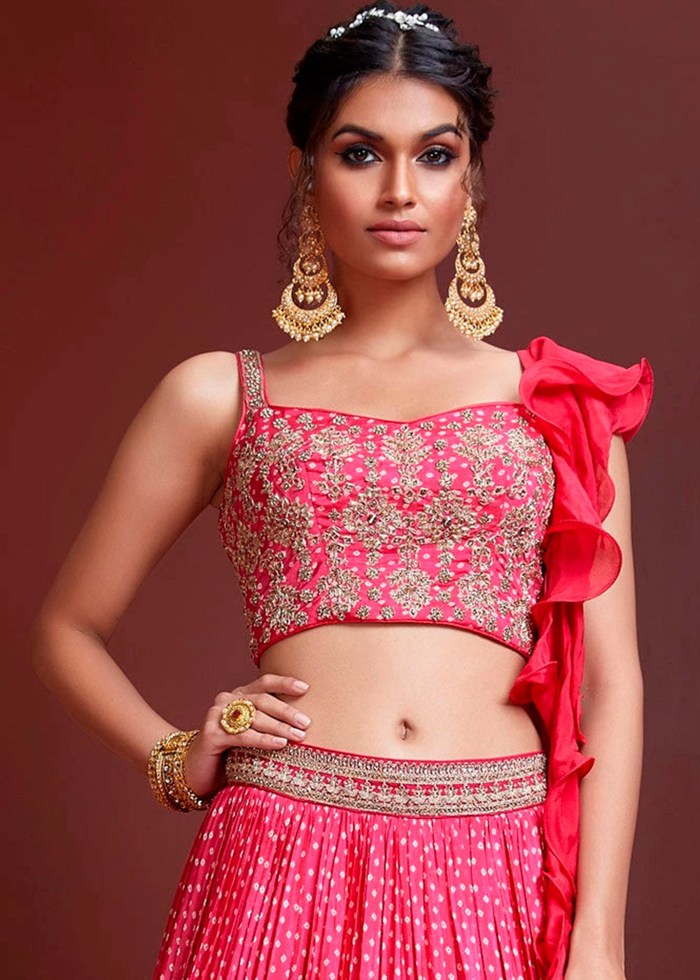 Azalea Pink Bandhani Printed Chinon Silk Lehenga Choli with Heavy Embroidery work