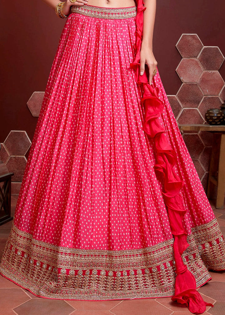 Azalea Pink Bandhani Printed Chinon Silk Lehenga Choli with Heavy Embroidery work