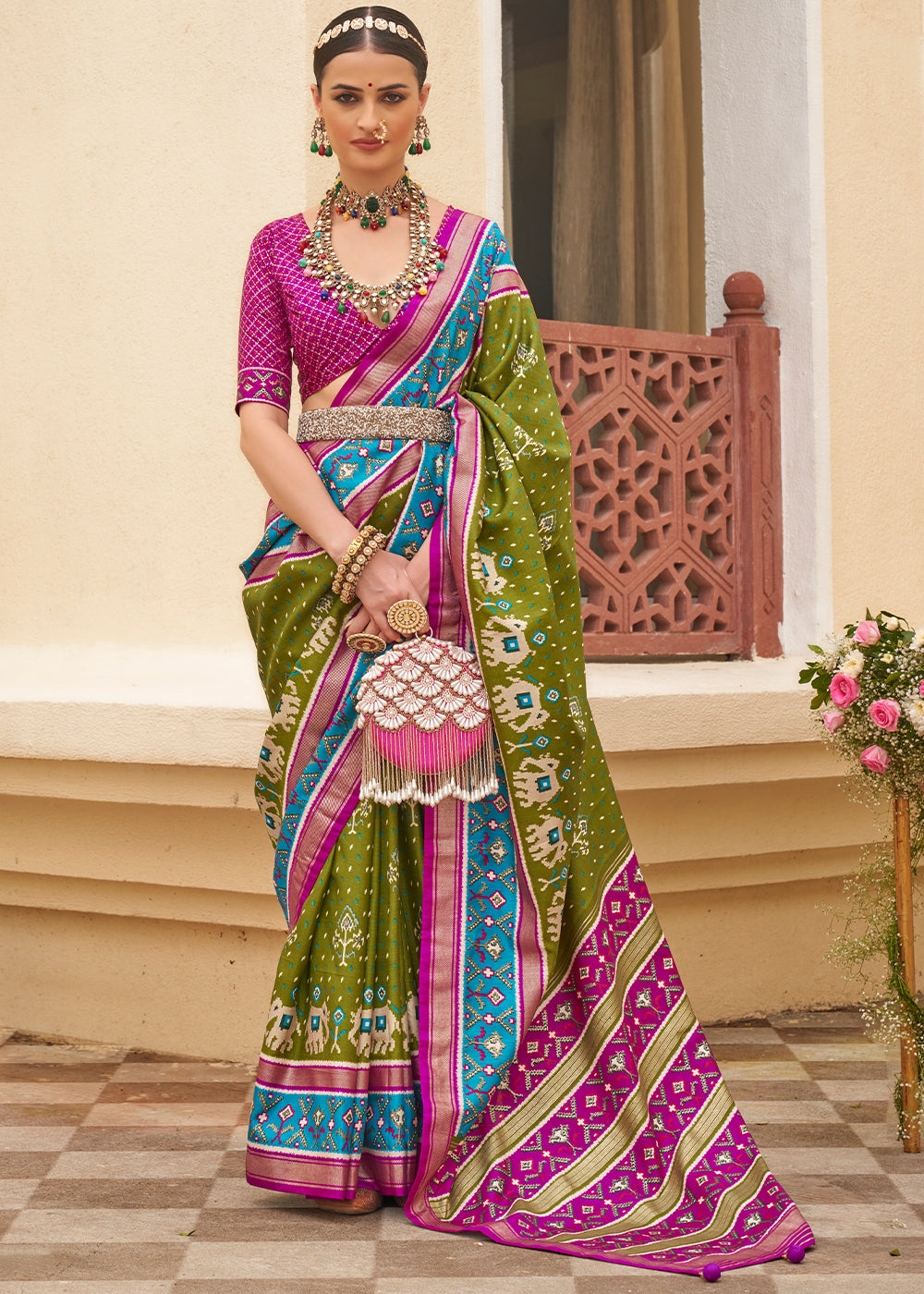 Avocado Green Printed Patola Silk Saree