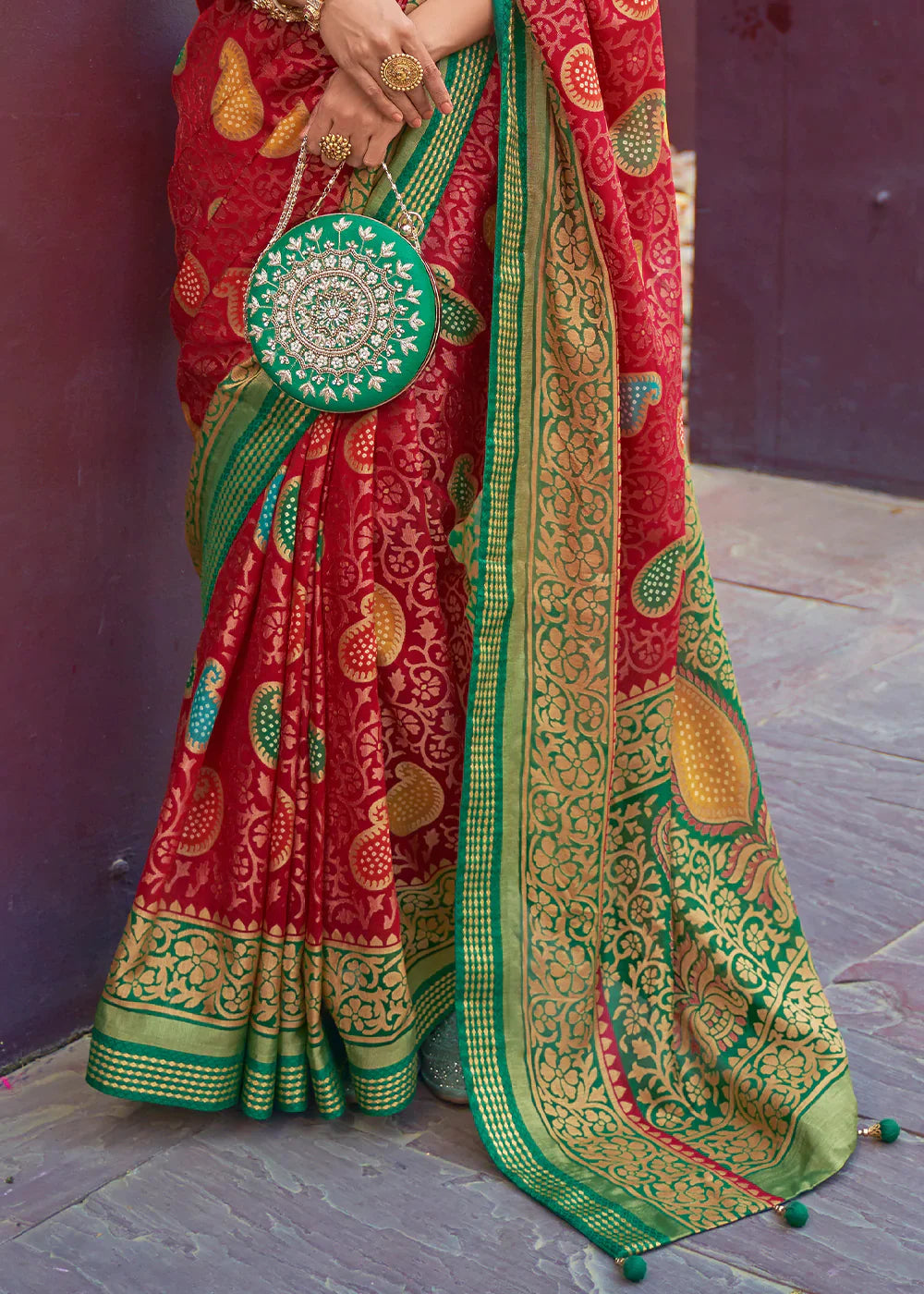 Raspberry Red Designer Printed Brasso Silk Saree