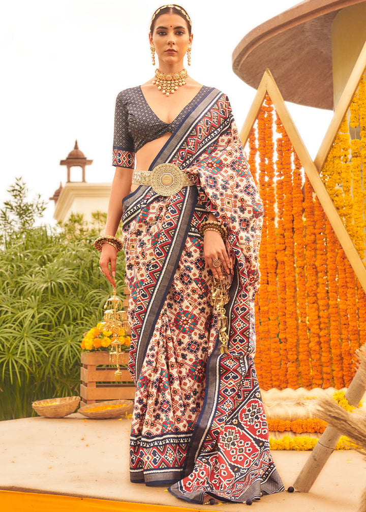 White & Grey Patola Printed Sik Saree