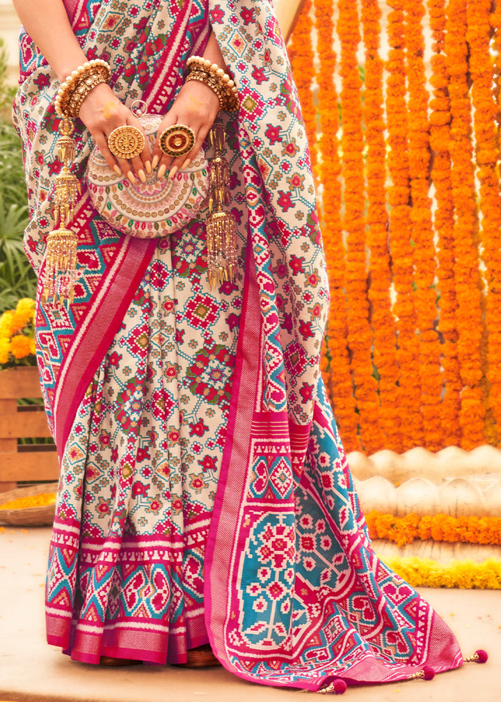 White & Pink Patola Printed Sik Saree