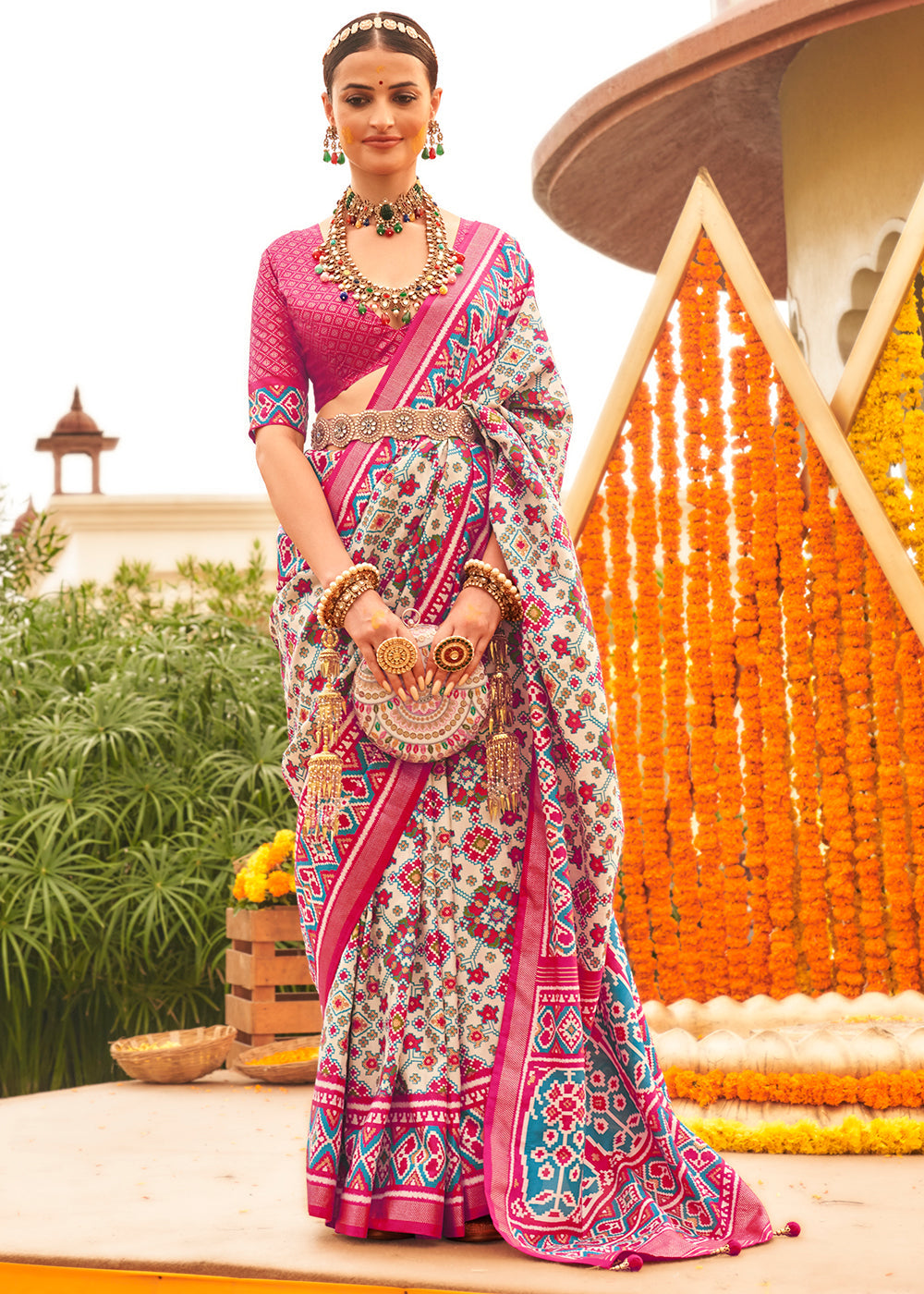 White & Pink Patola Printed Sik Saree