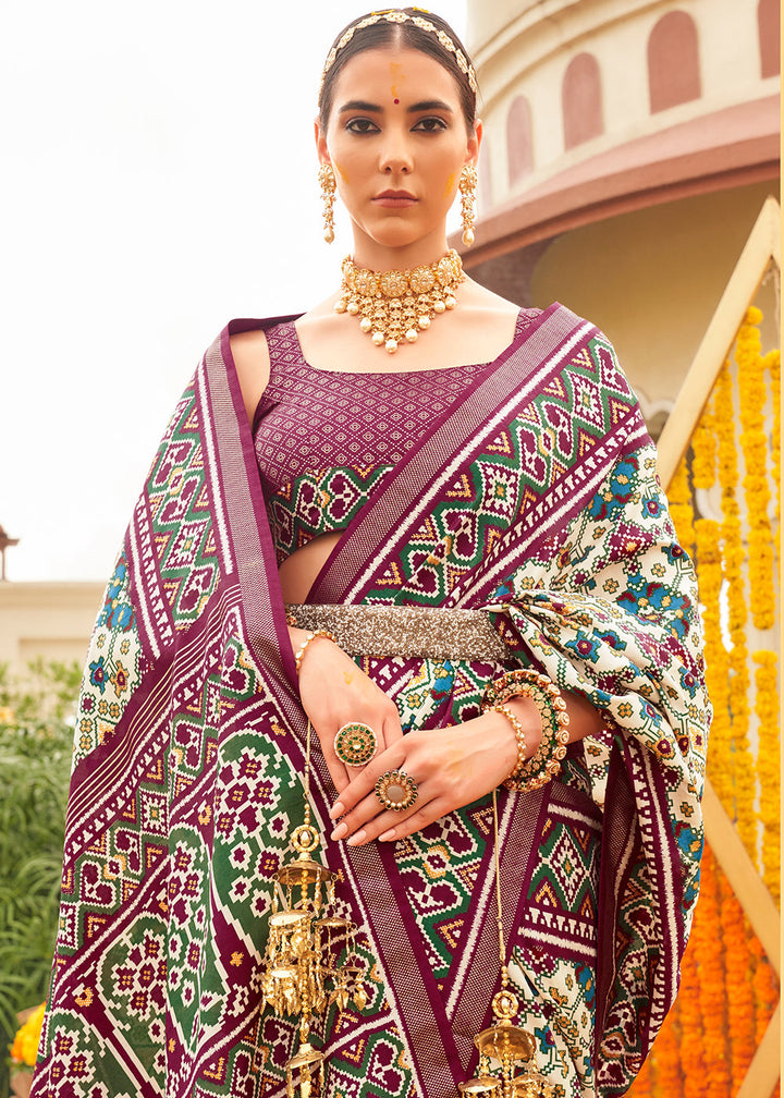 White & Purple Patola Printed Sik Saree