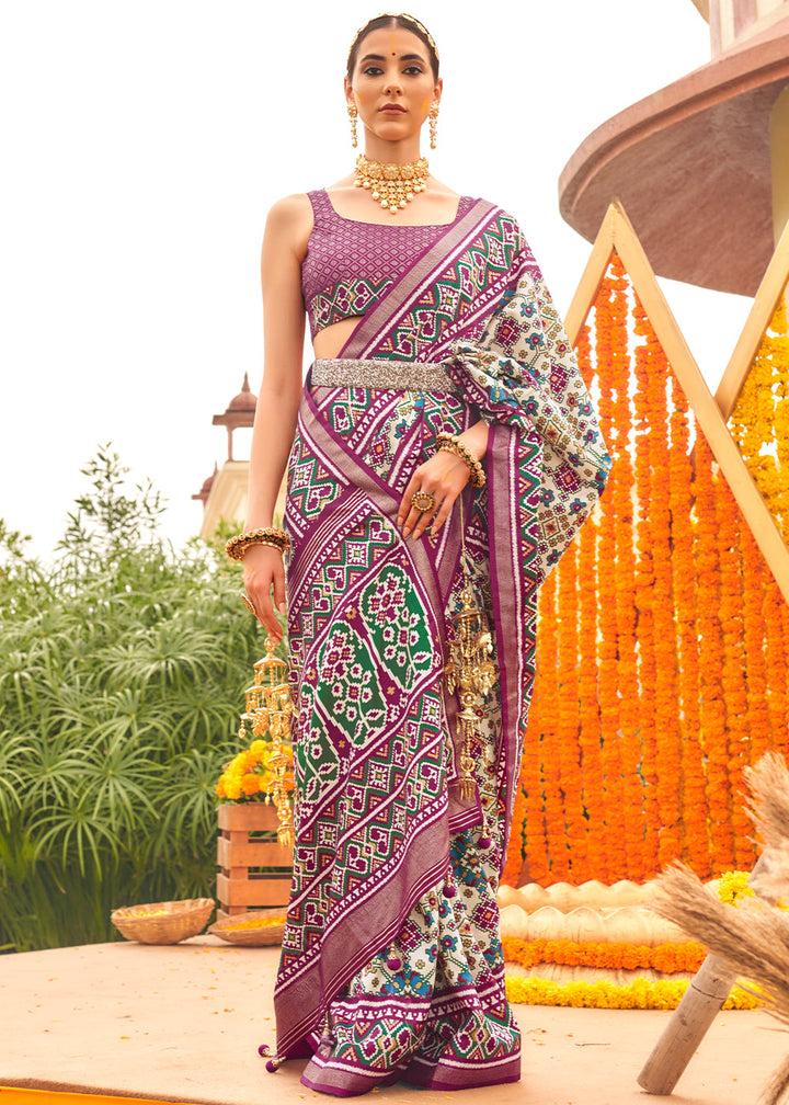 White & Purple Patola Printed Sik Saree