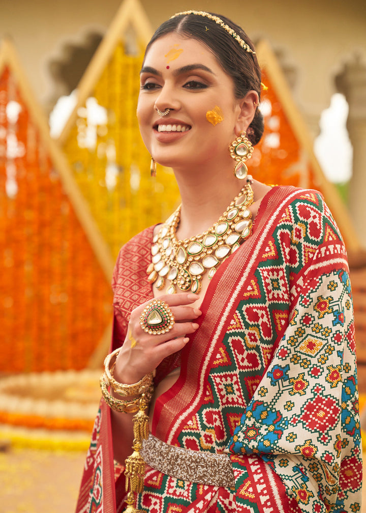 White & Red Patola Printed Sik Saree