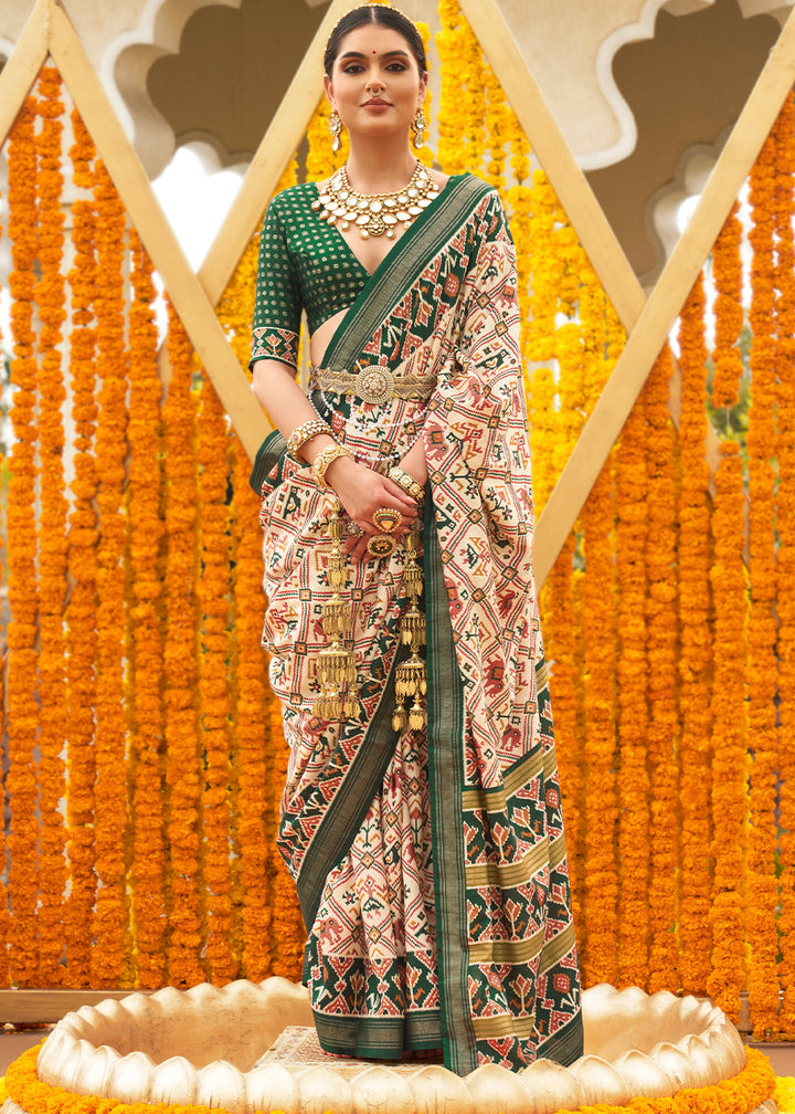 White & Green Patola Printed Sik Saree