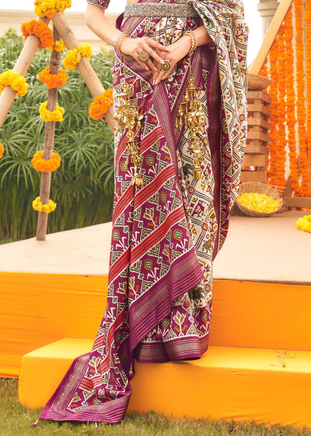 White & Purple Patola Printed Sik Saree