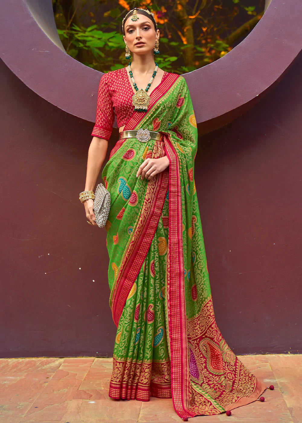 Sea Green Designer Printed Brasso Silk Saree