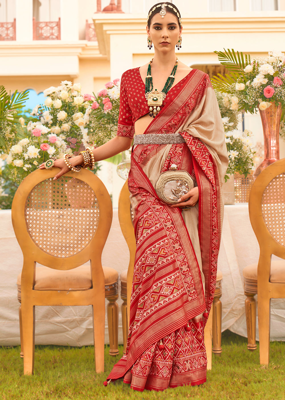 Beige Brown & Red Printed Patola Silk Saree