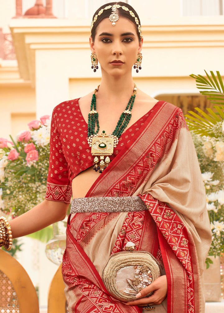 Beige Brown & Red Printed Patola Silk Saree