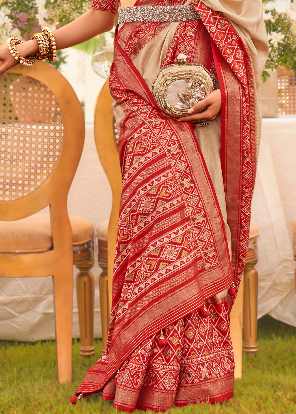 Beige Brown & Red Printed Patola Silk Saree