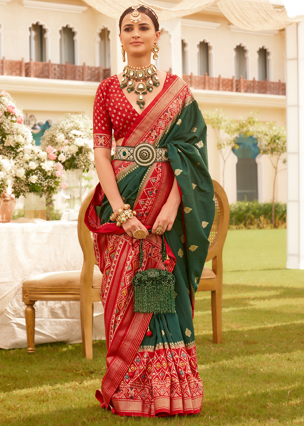 Red & Green Printed Patola Silk Saree