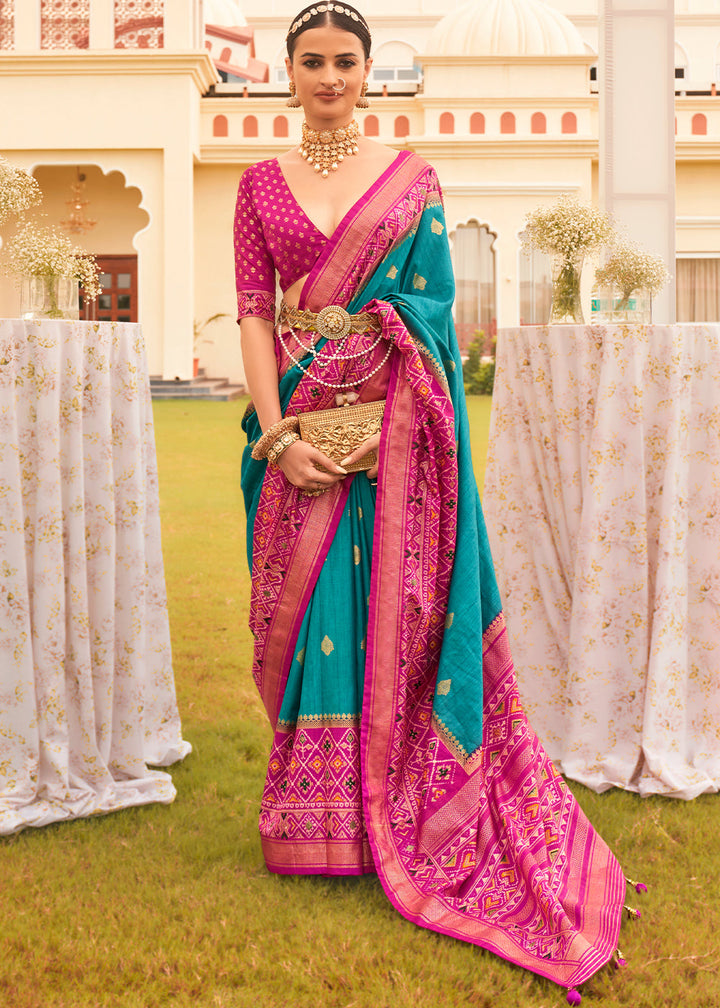 Cerulean Blue & Pink Printed Patola Silk Saree