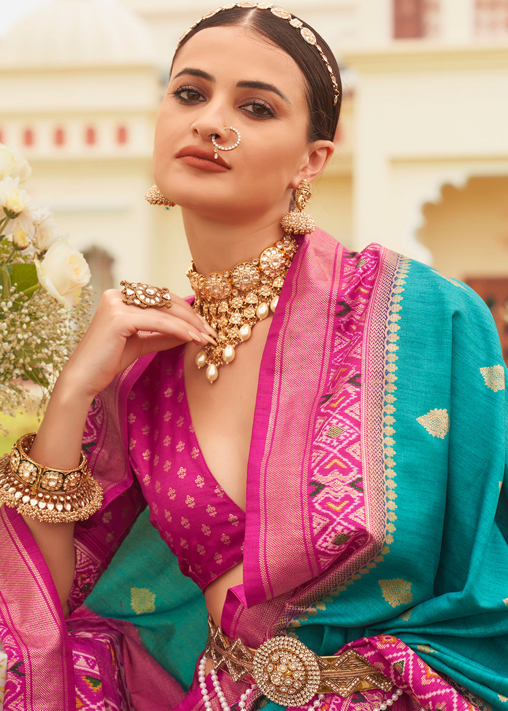 Cerulean Blue & Pink Printed Patola Silk Saree